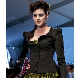 Betsey Johnson Black Button-Up Corset Bustier Long Sleeve Lace Trim Top Size 2